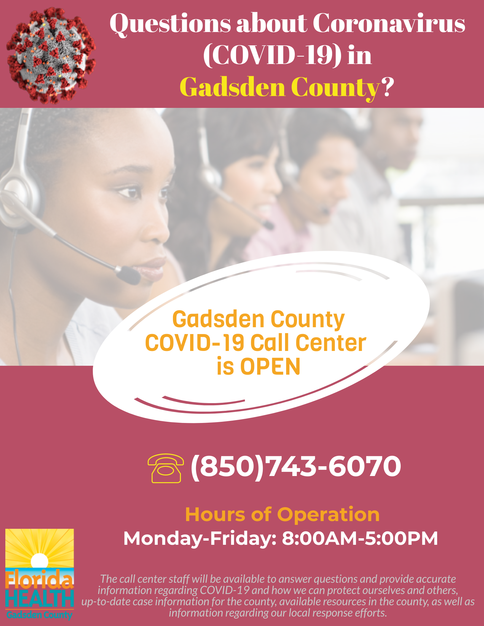 Announcement Image for Gadsden County COVID-19 Call Center